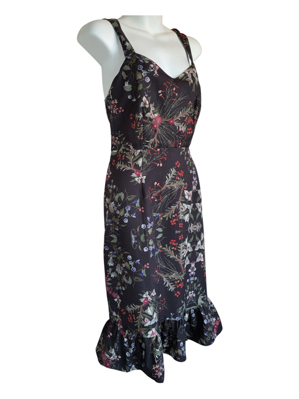 SUZANNE BETRO sundress, women's L, black,pretty floral print, bottom ruffle Euc